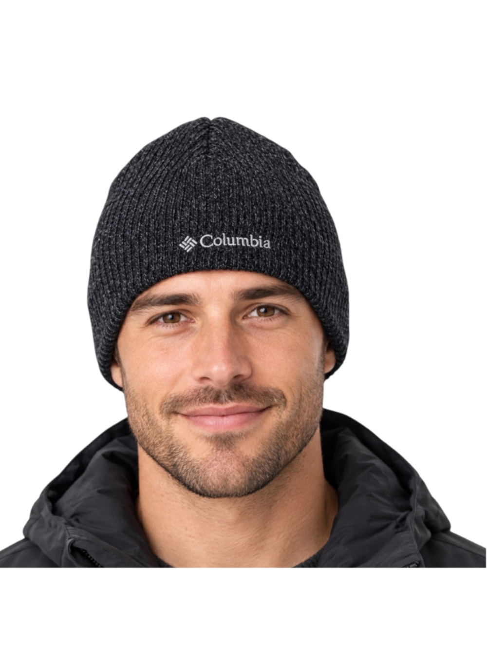 Columbia Black Heathered Rib Knit Beanie Embroidered Logo One Size